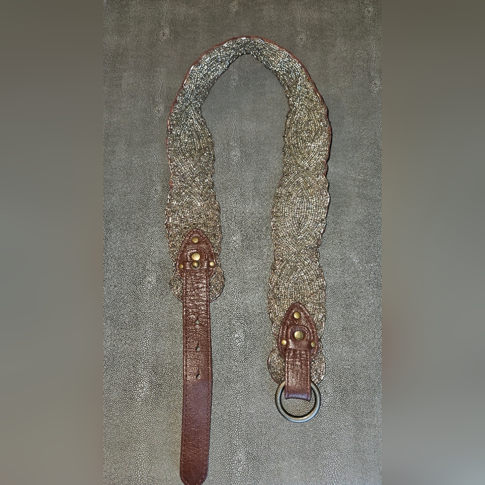 Jasper&Jeera for Anthropologie, Brown Leather Belt With Clear Beaded Design - Picture 2 of 4